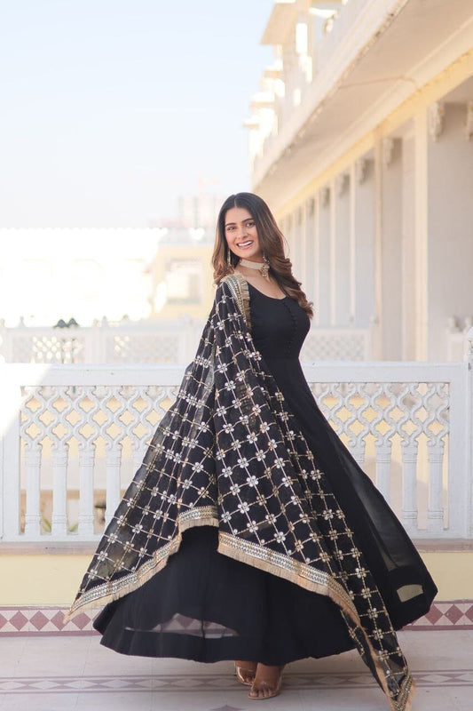 Black Faux Georgette Anarkali Gown with Sequence work Dupatta Gown with Dupatta Shopin Di Apparels 