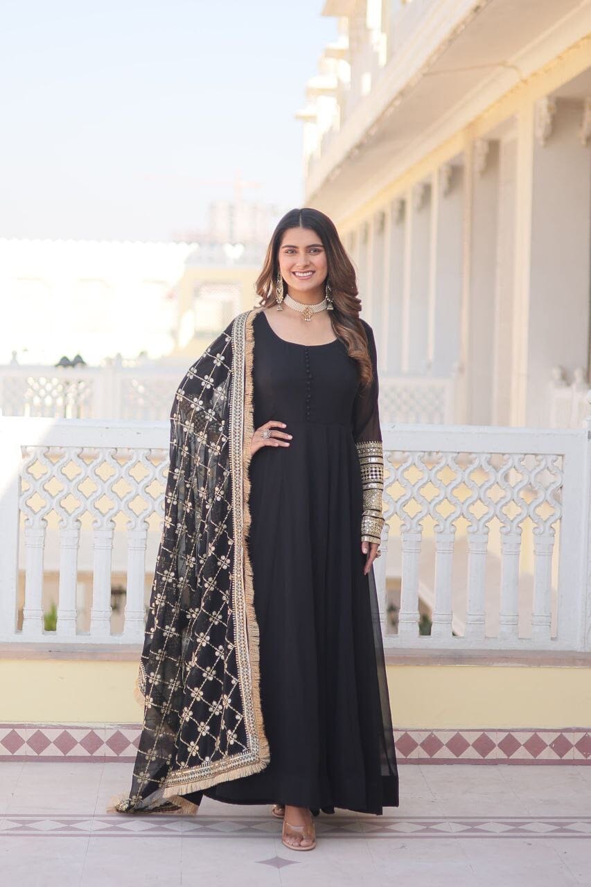 Black Faux Georgette Anarkali Gown with Sequence work Dupatta Gown with Dupatta Shopin Di Apparels 