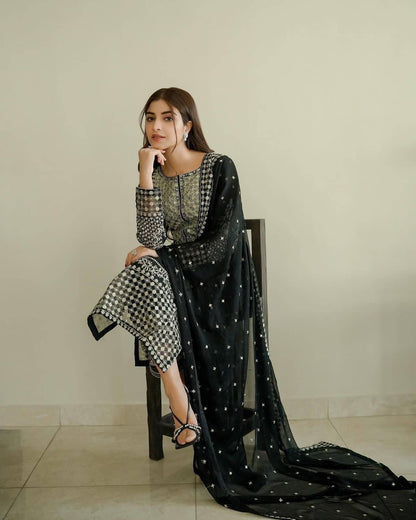 Black Faux Georgette And Heavy Embroidery Sequence Designer Readymade Suit Ready Made Designer Suits Shopin Di Apparels 