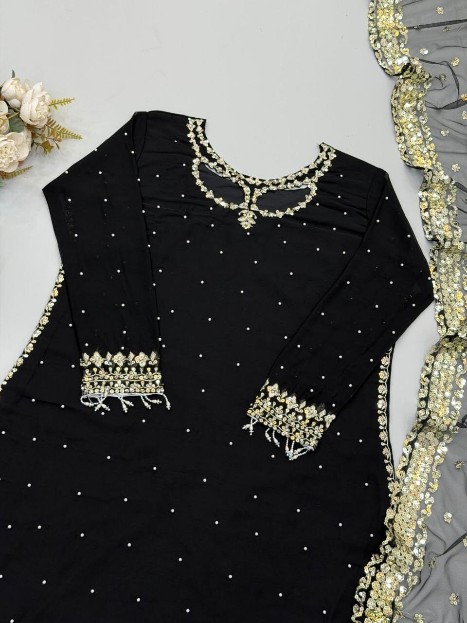 Black Faux Georgette Silk Plazzo Set Ready to wear Designer Suits Shopin Di Apparels 