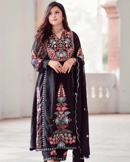 Black Fox Georgette Mirror Work Anarkali Gown with Moti Work Dupatta and Micro Silk Palazzo Pant Ready Made Designer Suits Shopindiapparels.com 