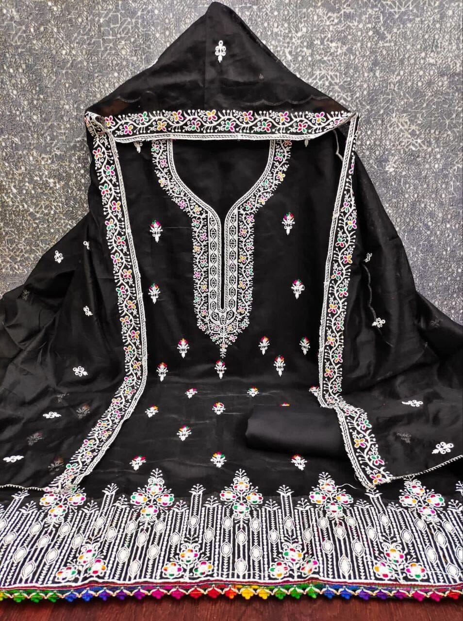 Black Heavy Chanderi Neck Embroidery Dress Material Dress Material Shopin Di Apparels 