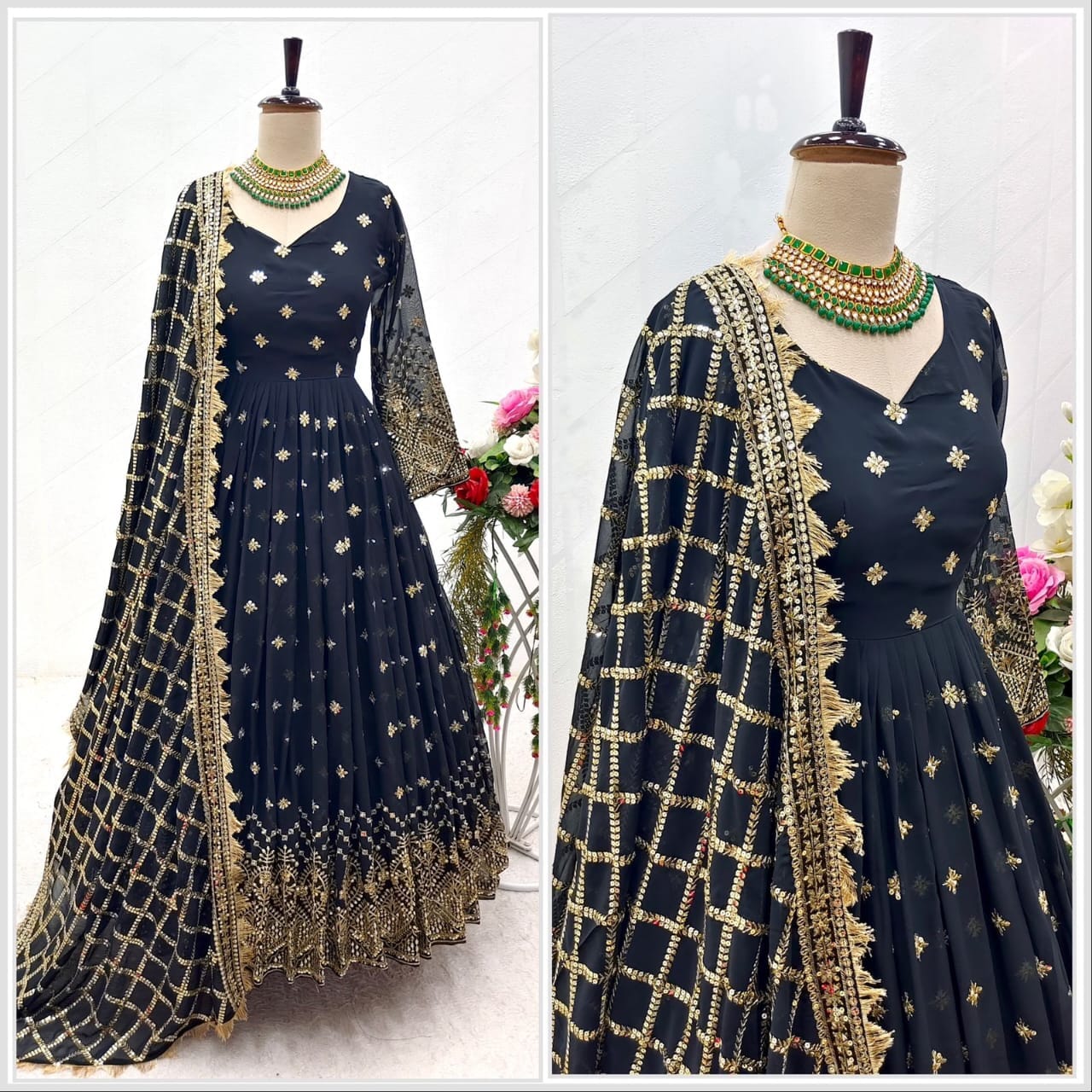 Black Heavy Fox Georgette Sequence Work Designer Gown with Dupatta and Pant Designer Suits Shopin Di Apparels 
