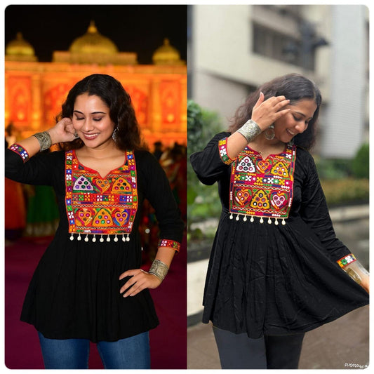 Black Heavy Rayon Baby Doll Short Top With Gamthi Lace and mirror work Western Top Shopin Di Apparels 