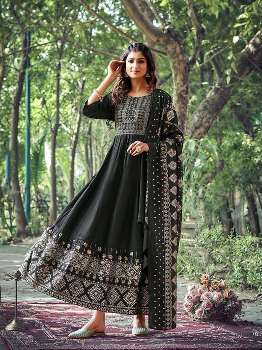 Black Heavy Rayon Foil Printed Long Gown Kurti with Dupatta Gown with Dupatta Shopin Di Apparels