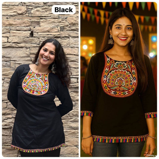 Black Heavy Rayon Short Top With Gamthi Lace and mirror work Western Top Shopin Di Apparels 