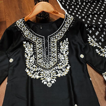 Black Heavy Rayon Straight Mirror Work Kurti with Dupatta and Pant Ready Made Designer Suits Shopin Di Apparels 