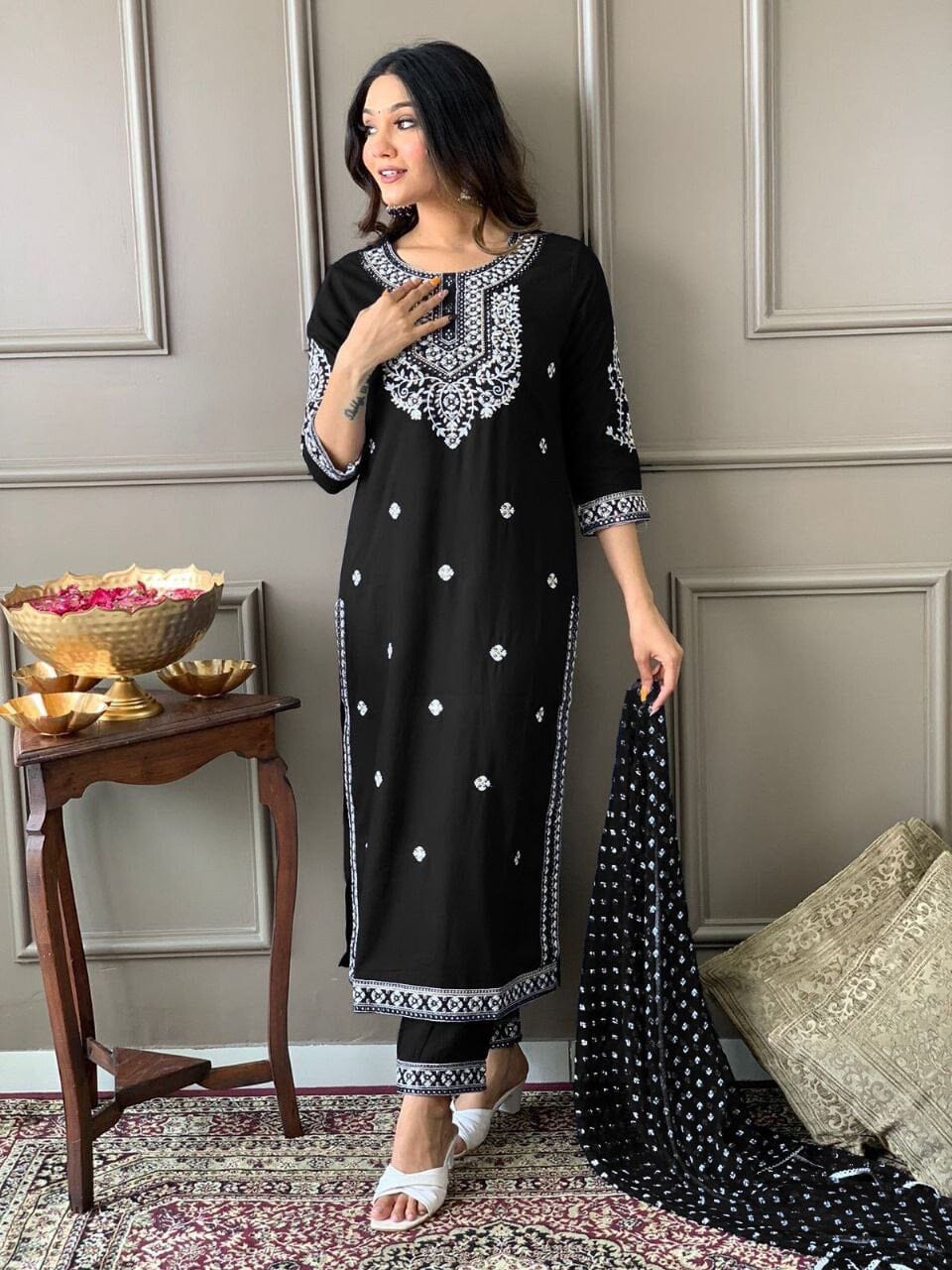 Black Heavy Rayon Straight Mirror Work Kurti with Dupatta and Pant Ready Made Designer Suits Shopin Di Apparels 