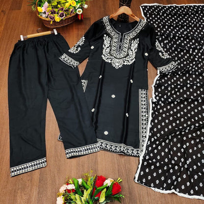 Black Heavy Rayon Straight Mirror Work Kurti with Dupatta and Pant Ready Made Designer Suits Shopin Di Apparels 