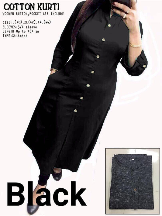 Black Plain Collar Cotton Kurti with Button and Pockets Kurti Shopin Di Apparels