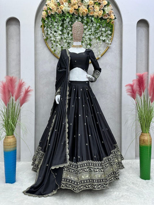 Black Satin Silk Sequence Embroidery 3pc Lehenga Suit 3pc Lehenga's Shopin Di Apparels 