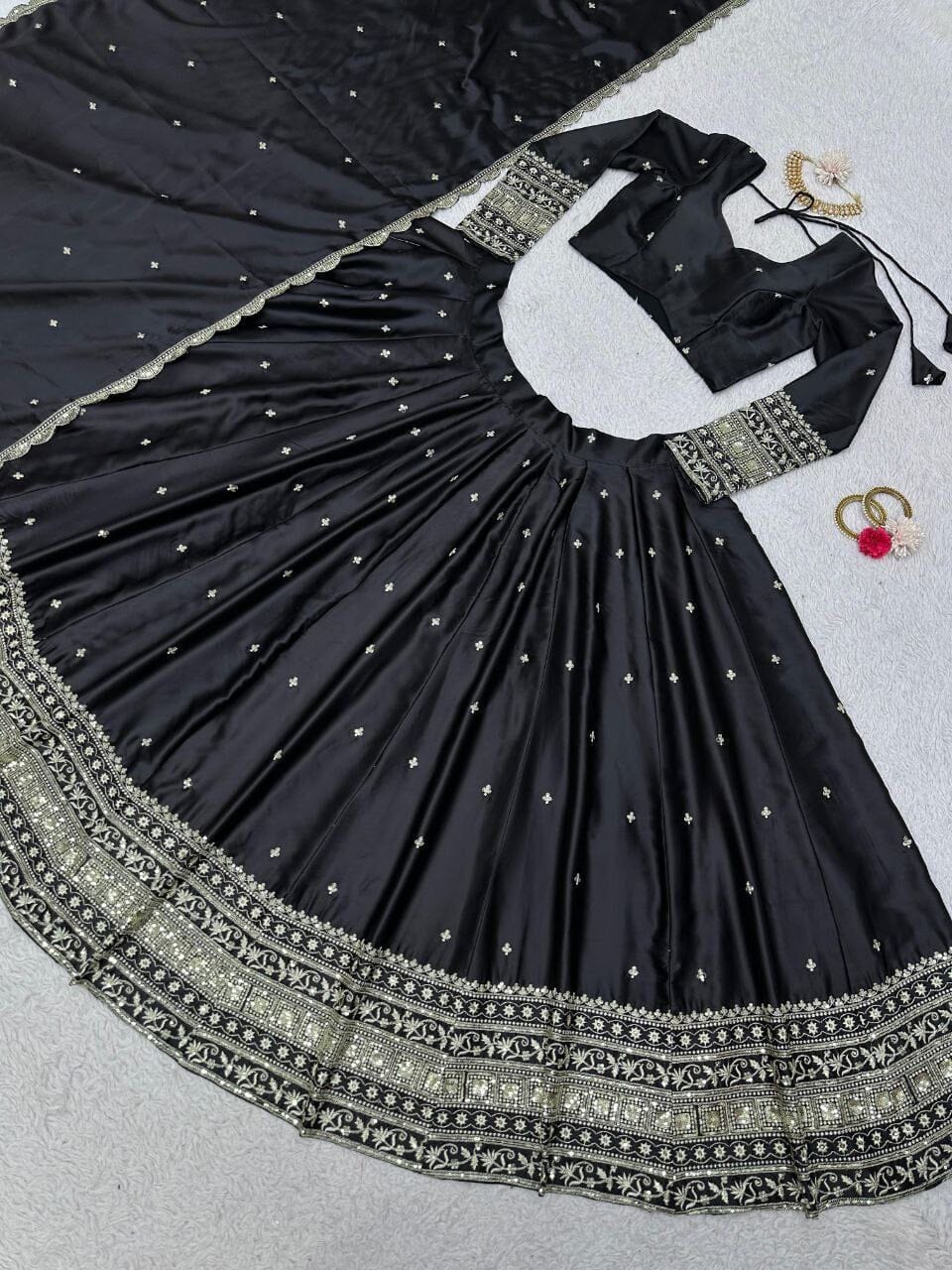 Black Satin Silk Sequence Embroidery 3pc Lehenga Suit 3pc Lehenga's Shopin Di Apparels 