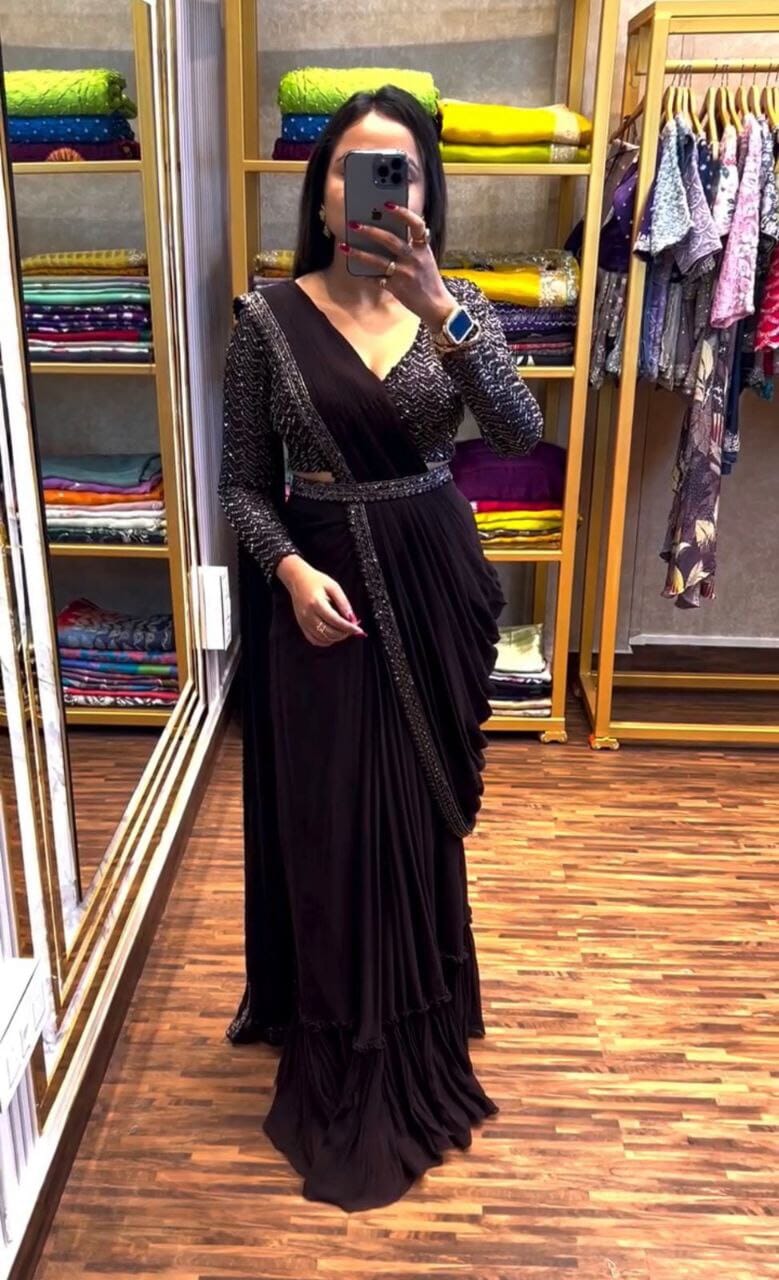 Black Sequence Chinon Embroidered Ready To Wear Saree Ready to Wear Saree Shopin Di Apparels 