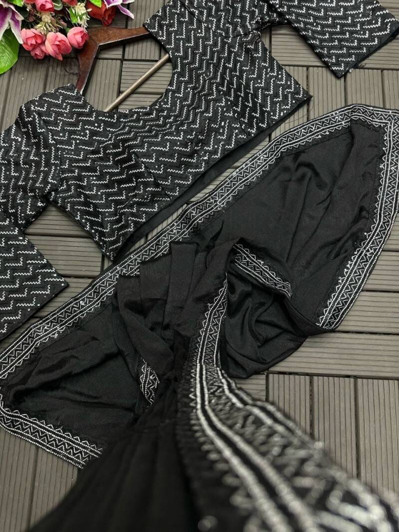 Black Sequence Chinon Embroidered Ready To Wear Saree Ready to Wear Saree Shopin Di Apparels 