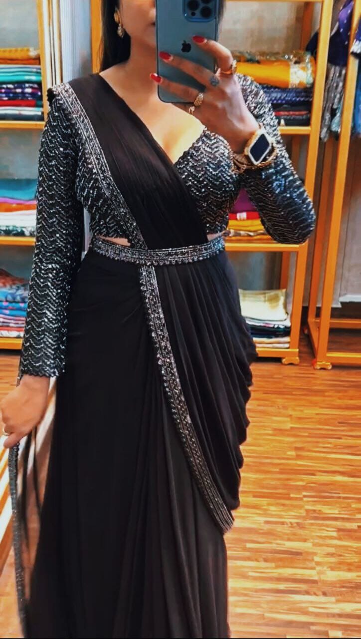 Black Sequence Chinon Embroidered Ready To Wear Saree Ready to Wear Saree Shopin Di Apparels 