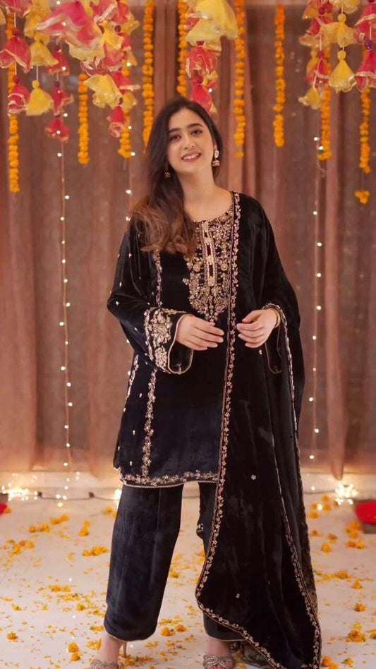 Black Velvet Embroidered Readymade Designer Suit Ready Made Designer Suits Shopin Di Apparels