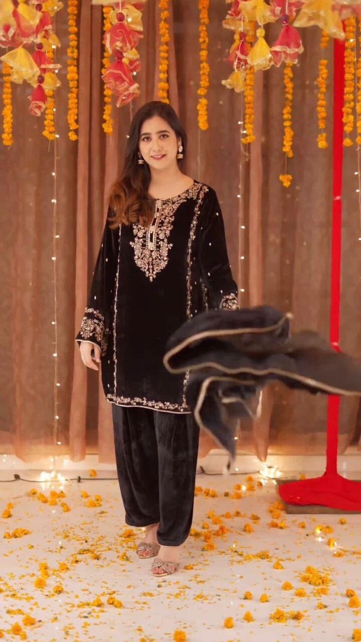 Black Velvet Embroidered Readymade Designer Suit Ready Made Designer Suits Shopin Di Apparels 