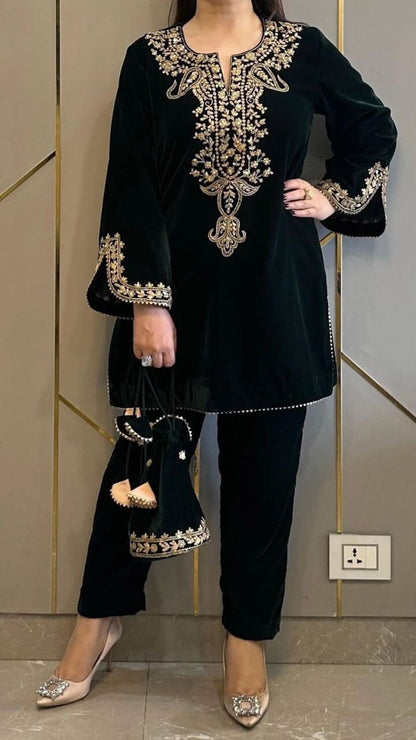 Black Velvet Party Wear Kurti with Matching Pant Set Kurti with Pant Shopin Di Apparels 