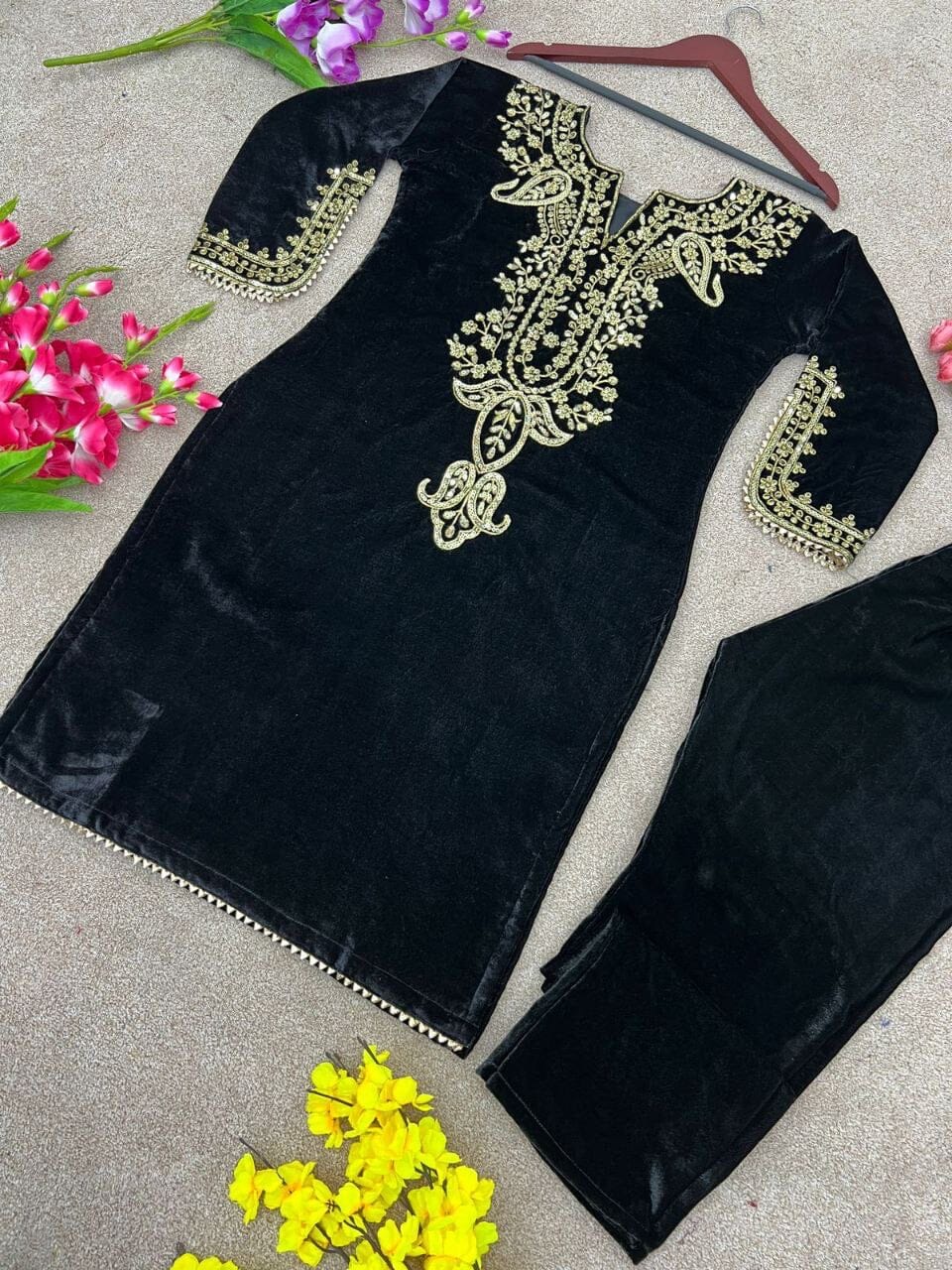 Black Velvet Party Wear Kurti with Matching Pant Set Kurti with Pant Shopin Di Apparels 