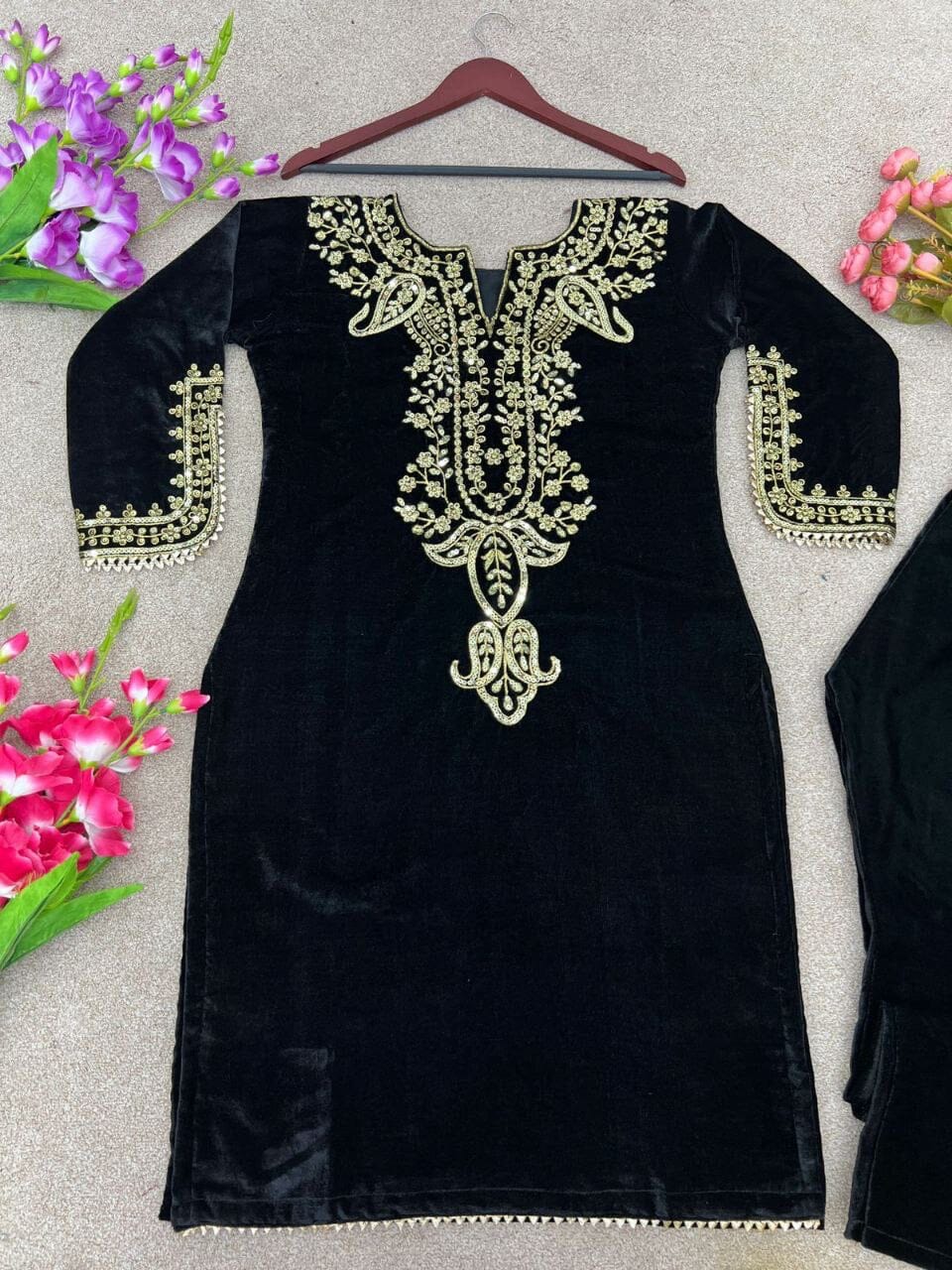 Black Velvet Party Wear Kurti with Matching Pant Set Kurti with Pant Shopin Di Apparels 