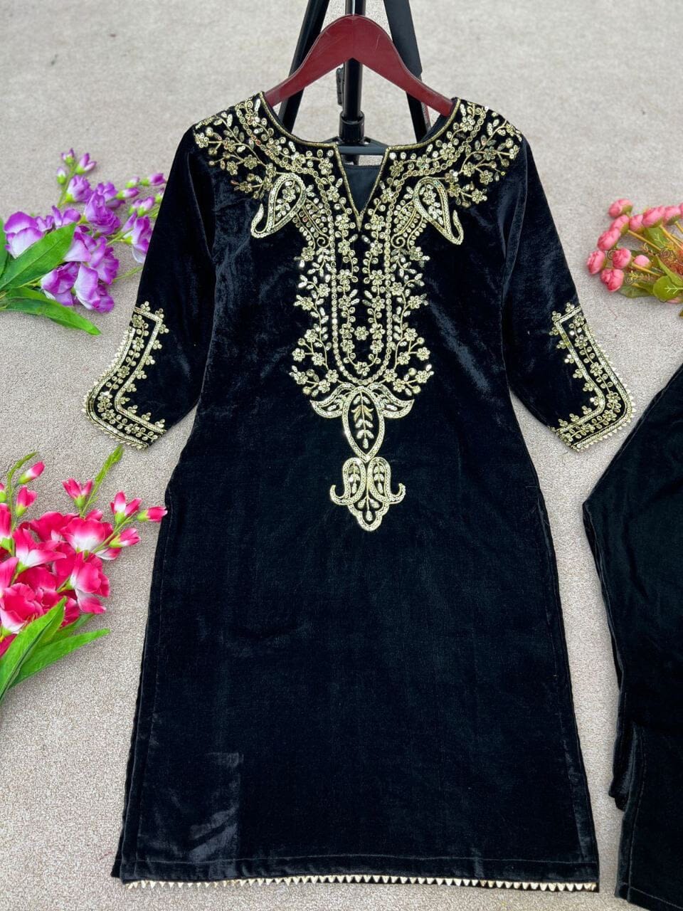 Black Velvet Party Wear Kurti with Matching Pant Set Kurti with Pant Shopin Di Apparels 