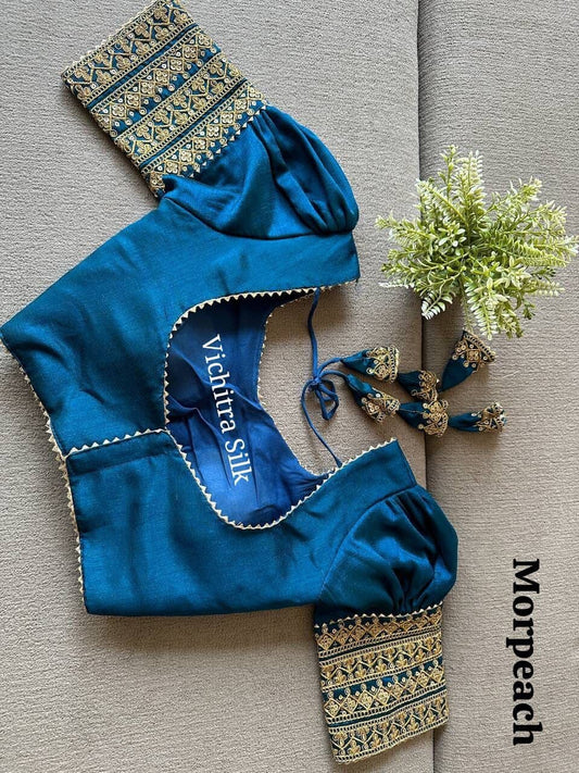 Black Vichitra Silk Readymade Blouse with Puff Sleeves and Embroidery Readymade Blouse Shopin Di Apparels