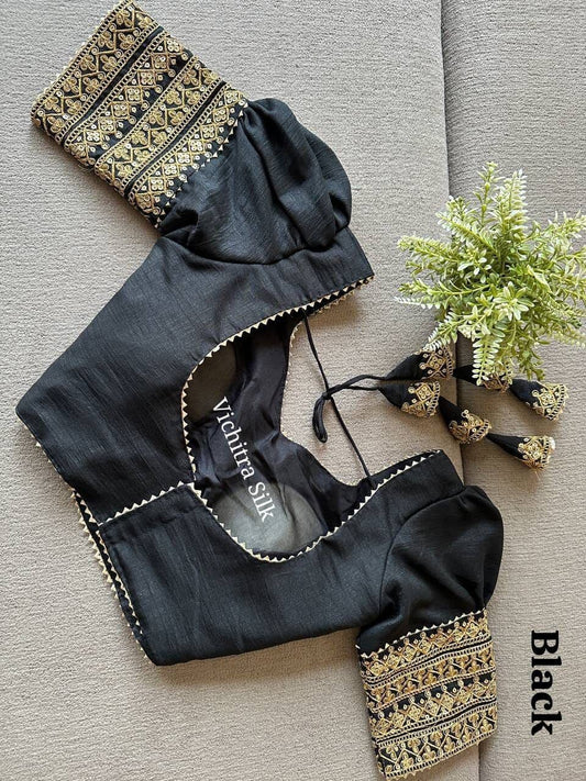Black Vichitra Silk Readymade Blouse with Puff Sleeves and Embroidery Readymade Blouse Shopin Di Apparels