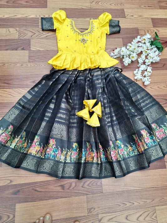 Black Yellow Kota Doriya Silk Kid's Lehenga Festival Wear Pavadai Sattai Kid's Lehenga Shopindiapparels.com 