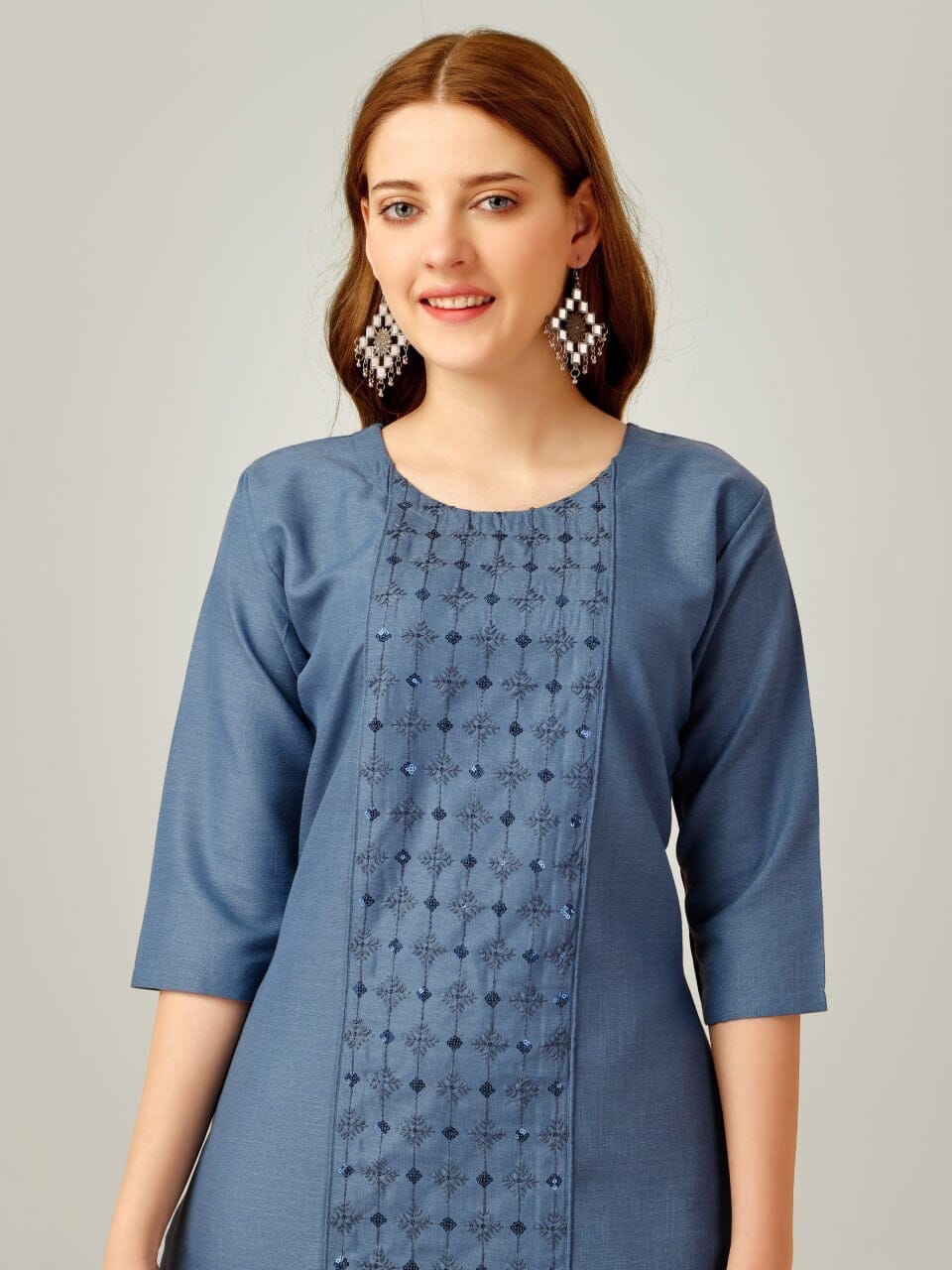 Blue Cotton Blend Sequence Embroidered Work Kurti with Pant Kurti with Pant Shopin Di Apparels 