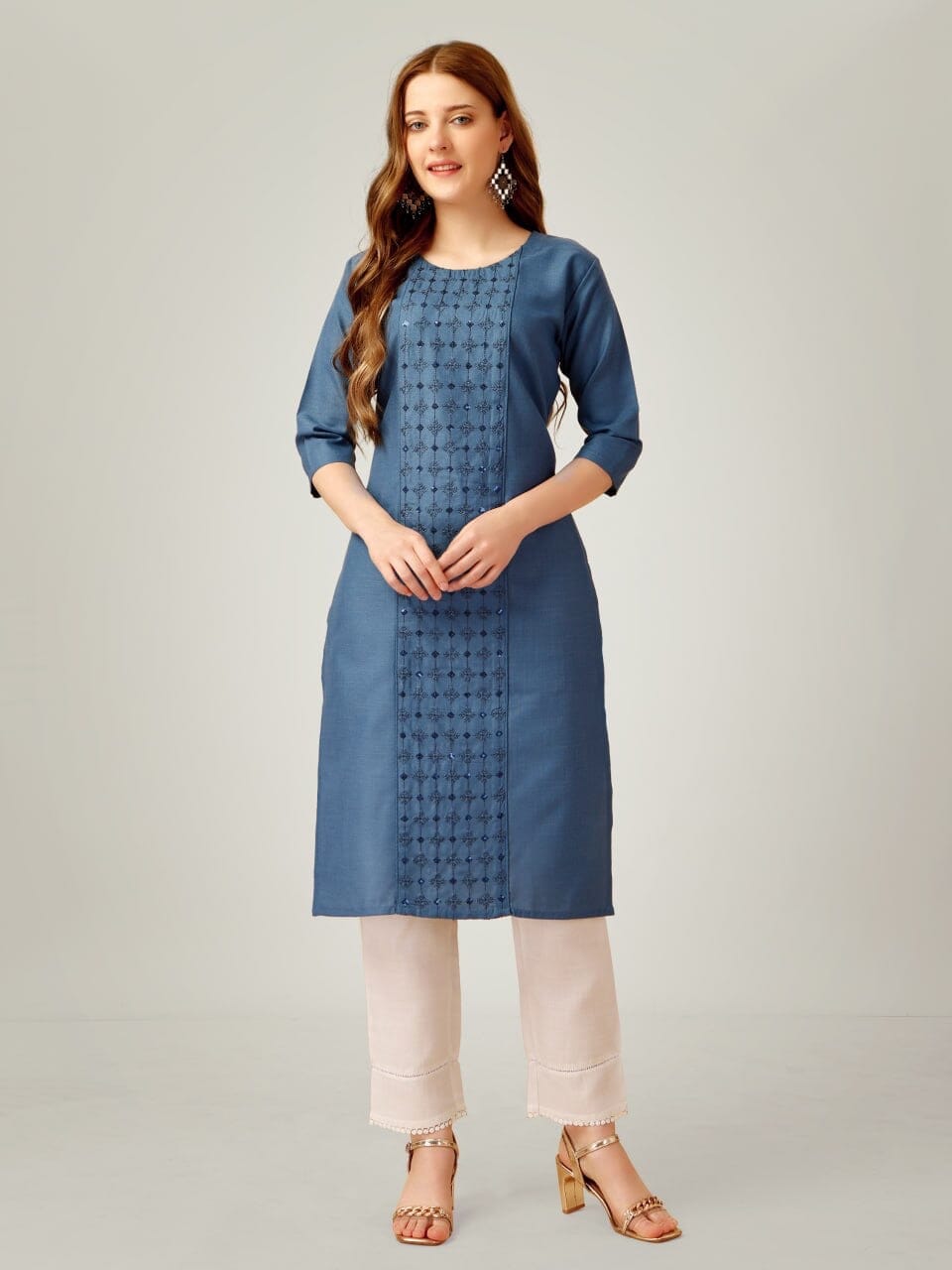 Blue Cotton Blend Sequence Embroidered Work Kurti with Pant Kurti with Pant Shopin Di Apparels 