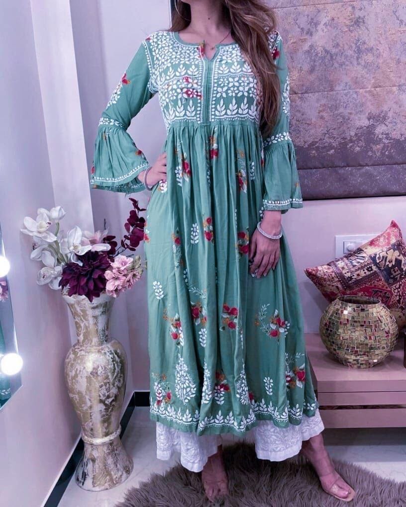 Blue Designer Rayon Kurti with White Embroidery and Plazzo set Kurti with Pant Shopin Di Apparels 