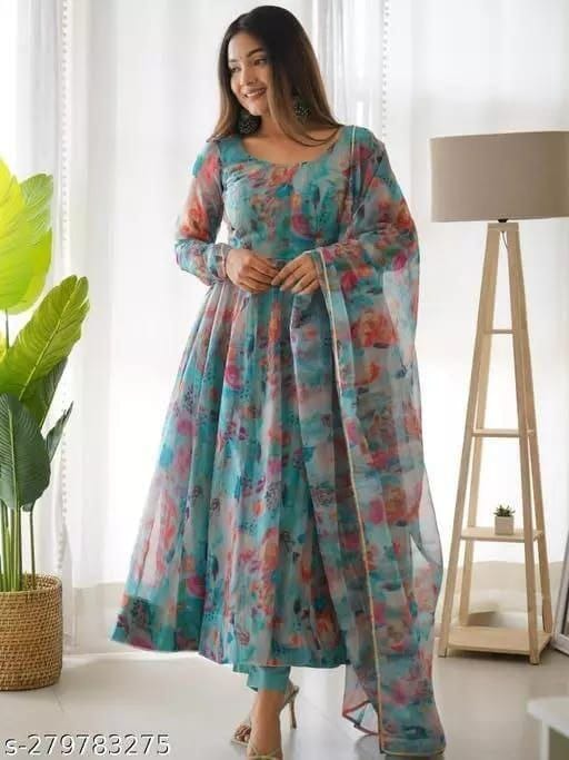 Blue Floral Georgette Gown with Digital Printed Dupatta Gown with Dupatta Shopindiapparels.com 