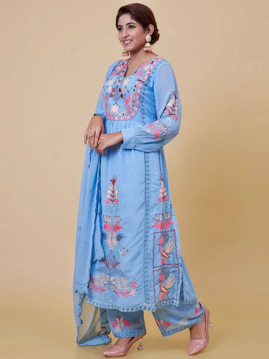 Blue Fox Georgette Mirror Work Anarkali Gown with Moti Work Dupatta and Micro Silk Palazzo Pant Ready Made Designer Suits Shopindiapparels.com 