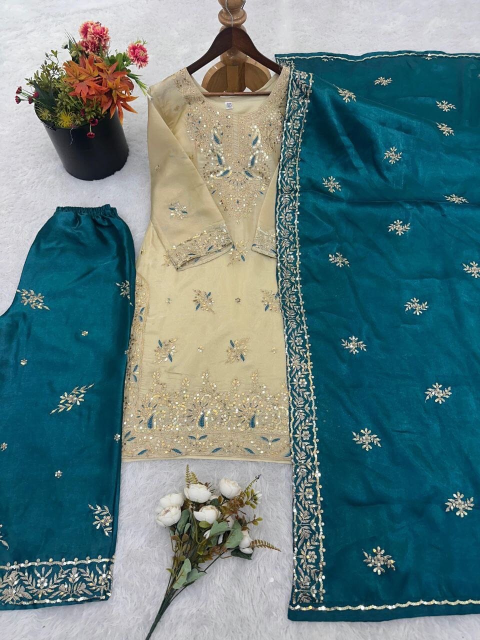 Blue GMY SILK With Heavy Embroidery Sequence Designer Plazzo Suit Ready to Wear Designer Suits Shopin Di Apparels 