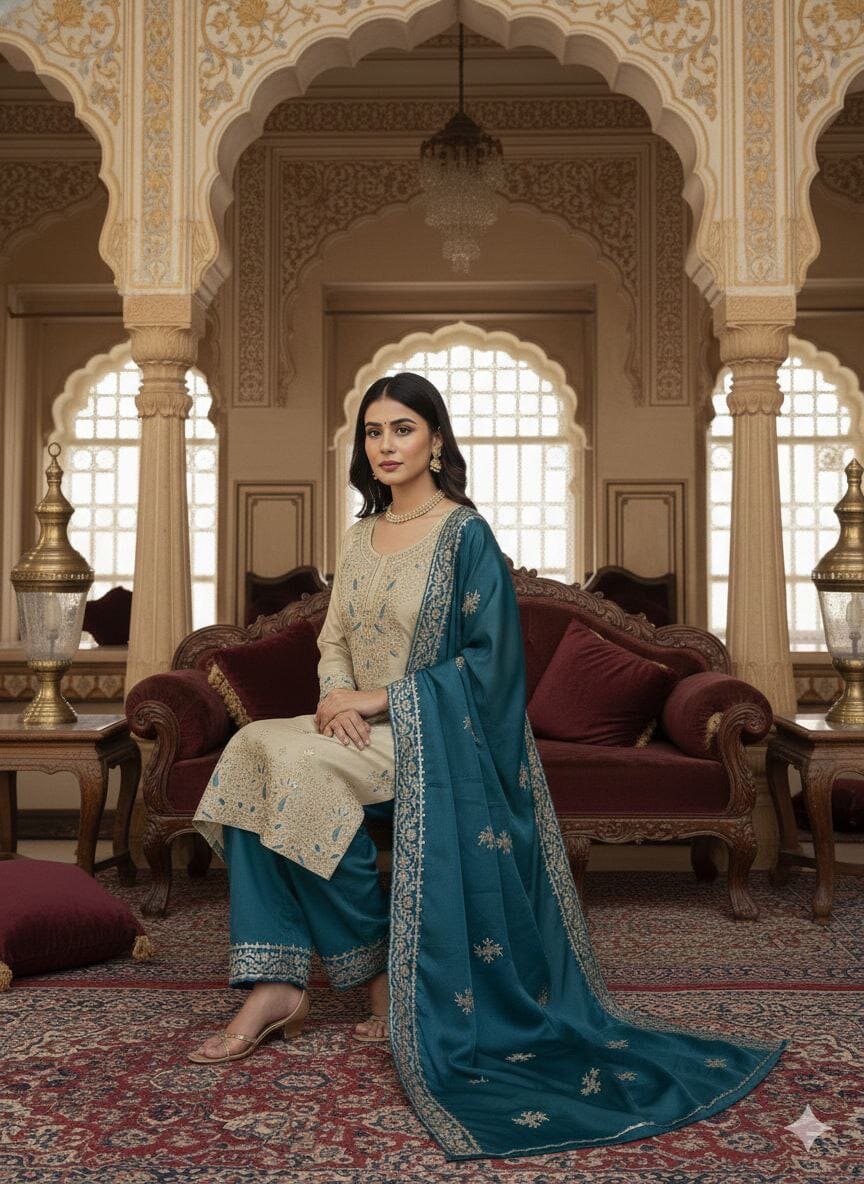 Blue GMY SILK With Heavy Embroidery Sequence Designer Plazzo Suit Ready to Wear Designer Suits Shopin Di Apparels 
