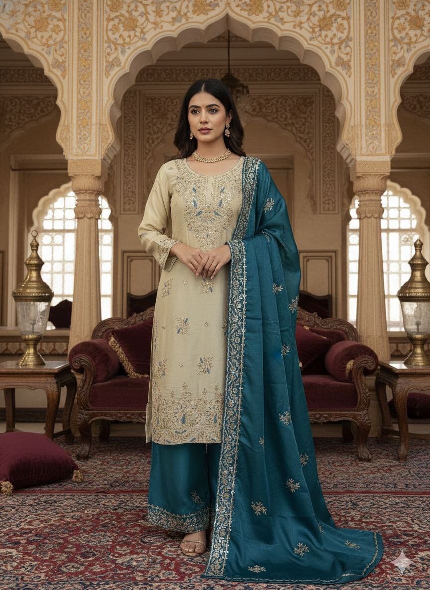 Blue GMY SILK With Heavy Embroidery Sequence Designer Plazzo Suit Ready to Wear Designer Suits Shopin Di Apparels 