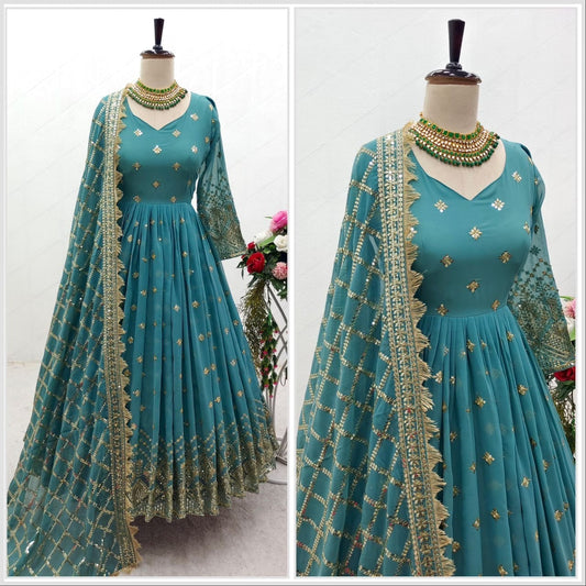 Blue Heavy Fox Georgette Sequence Work Designer Gown with Dupatta and Pant Designer Suits Shopin Di Apparels 