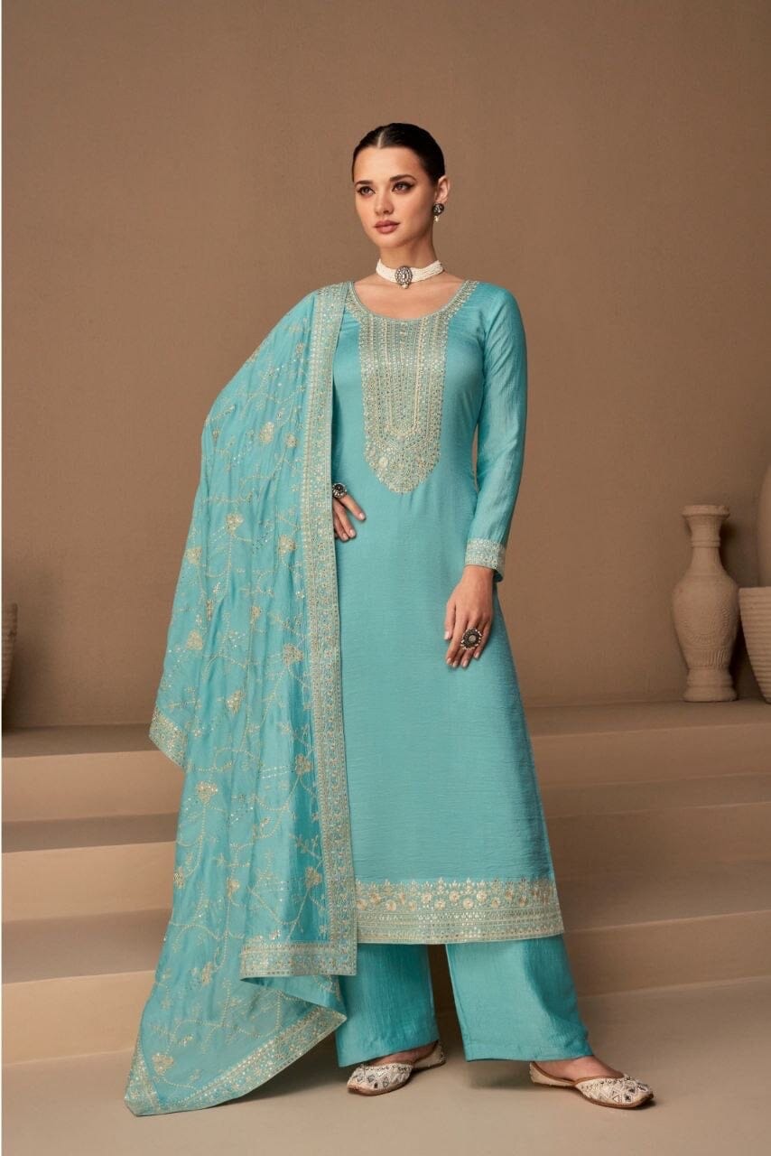 Blue Heavy Vichitra Silk Sequence Straight Cut Designer Suit Designer Suit Shopin Di Apparels 