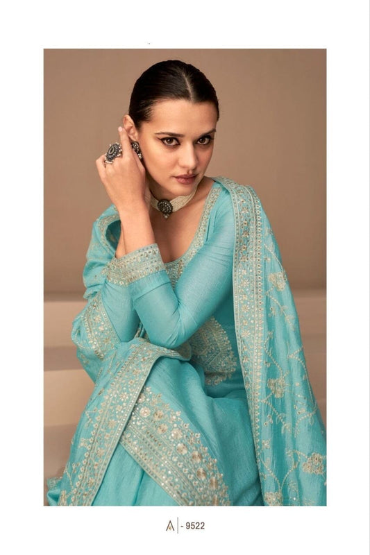 Blue Heavy Vichitra Silk Sequence Straight Cut Designer Suit Designer Suit Shopin Di Apparels 