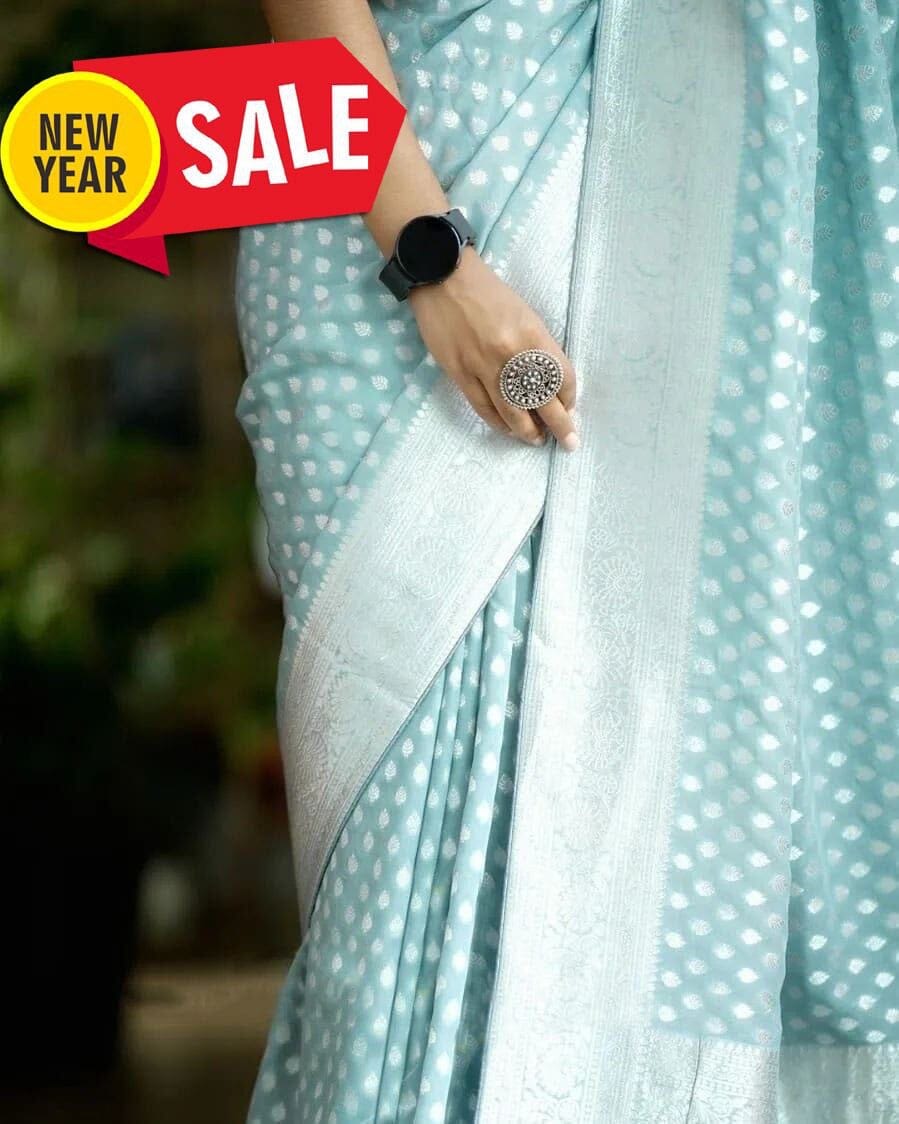 Blue Khadi Georgette Silver Zari Weaving Work Saree Designer Saree Shopin Di Apparels 