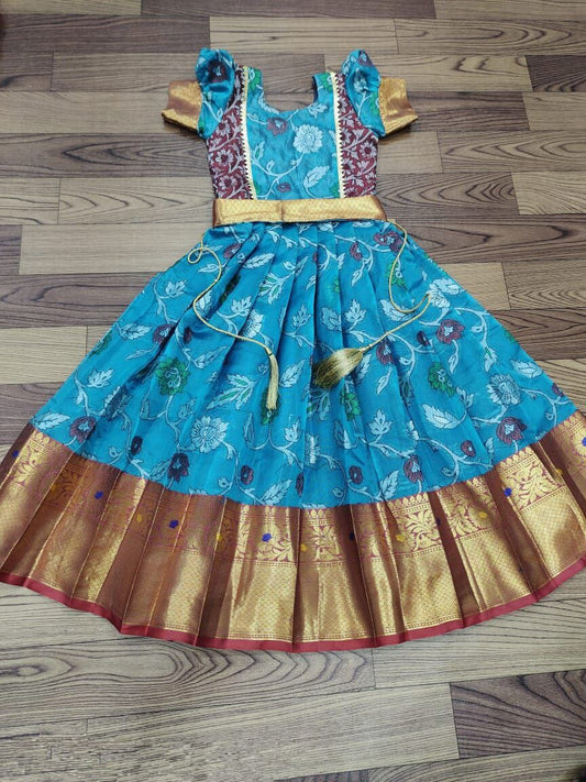 Blue Nylon Silk Embroidered Kid’s Gown Festival Wear Kid's Gown Shopindiapparels.com 