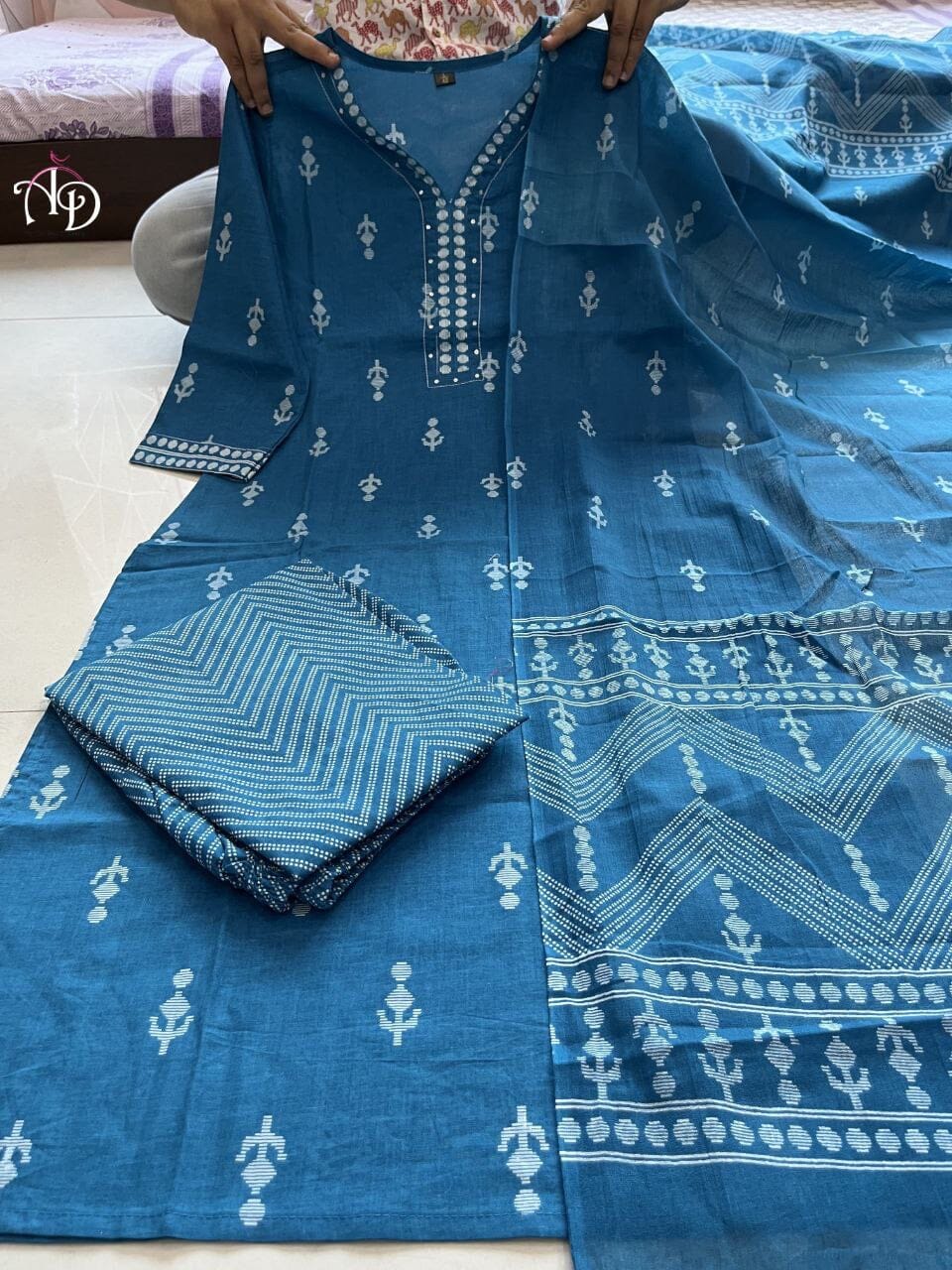 Blue Pure Cotton Hands Block Design Kurti with Dupatta and Bottom Kurti with Dupatta and Bottom Shopin Di Apparels 