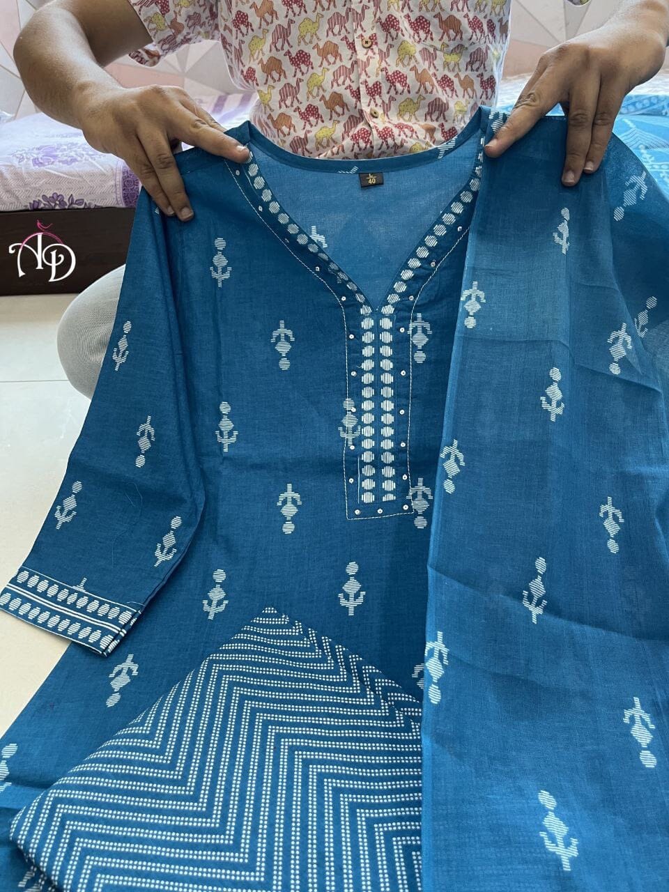 Blue Pure Cotton Hands Block Design Kurti with Dupatta and Bottom Kurti with Dupatta and Bottom Shopin Di Apparels 