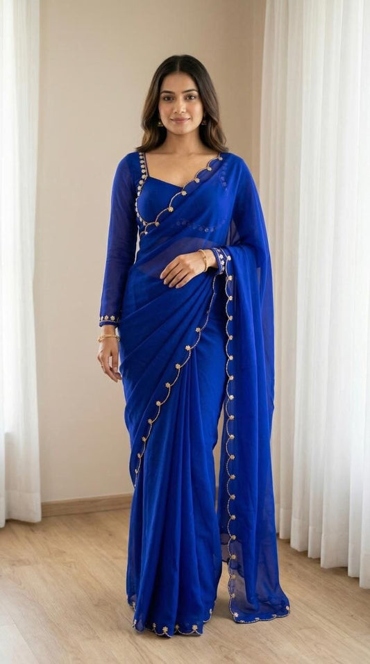 Blue Sabhyasachi Designer Madhubala Readymade Blouse with Georgette Handworked Saree Readymade Blouse Shopin Di Apparels 