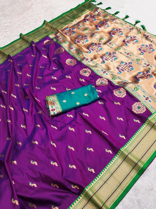 Brinjal Purple Peacock Paithani Silk Saree with Zari Meenakari Weaving & Tassels Silk Saree Shopin Di Apparels 