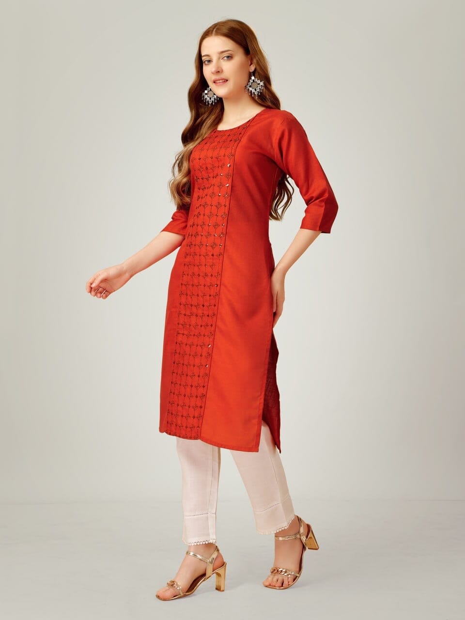 Brown Cotton Blend Sequence Embroidered Work Kurti with Pant Kurti with Pant Shopin Di Apparels 