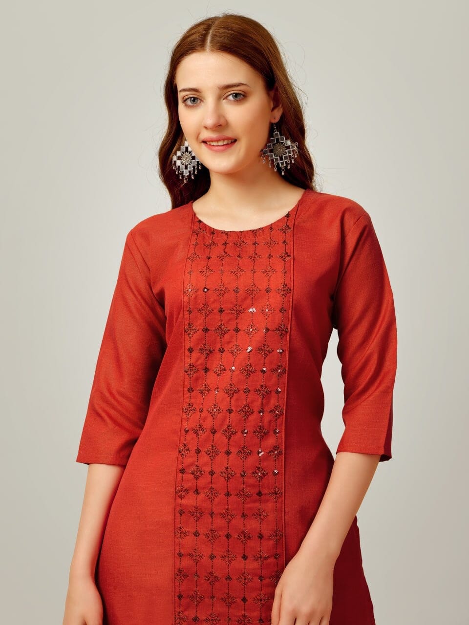 Brown Cotton Blend Sequence Embroidered Work Kurti with Pant Kurti with Pant Shopin Di Apparels 