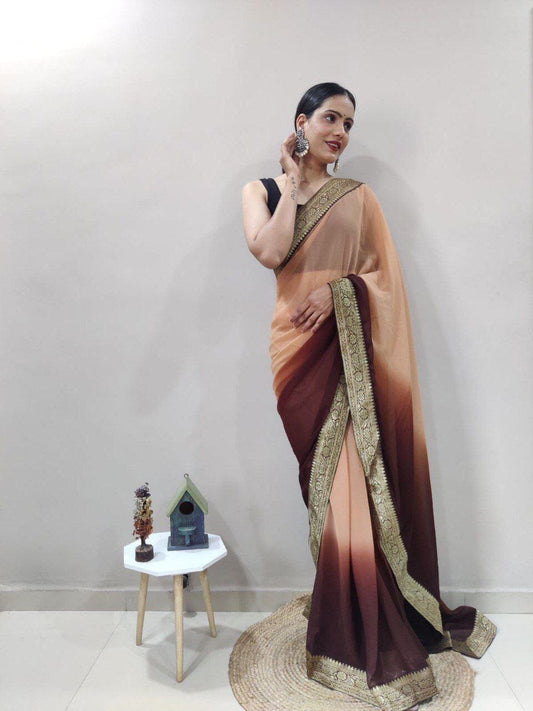 Brown Georgette Multicolor Ready to Wear Saree and Banglori Blouse Ready to Wear Saree Shopin Di Apparels 