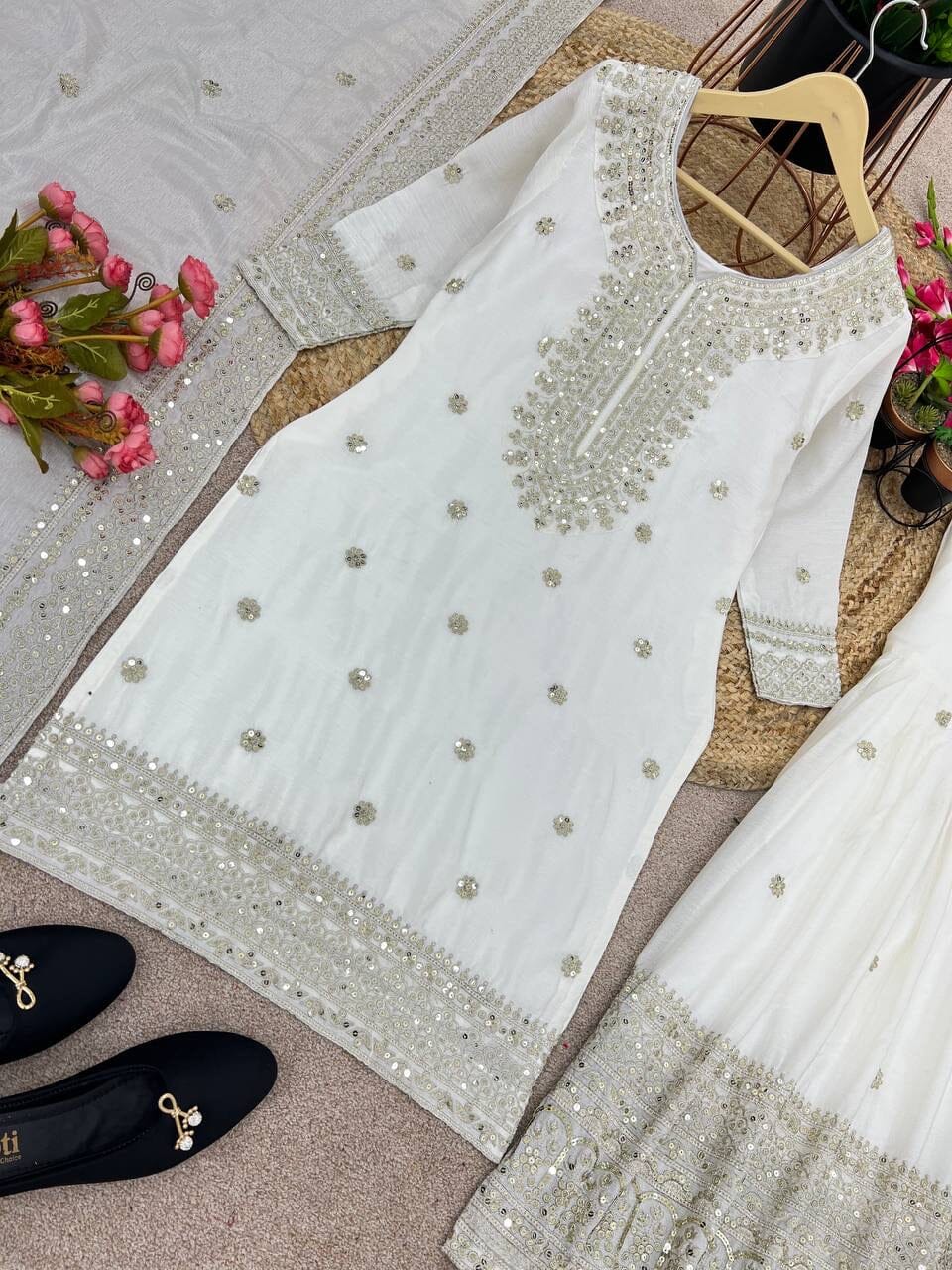 Chinnon Silk Heavy Sequence White Designer Readymade Suit Ready Made Designer Suits Shopin Di Apparels 