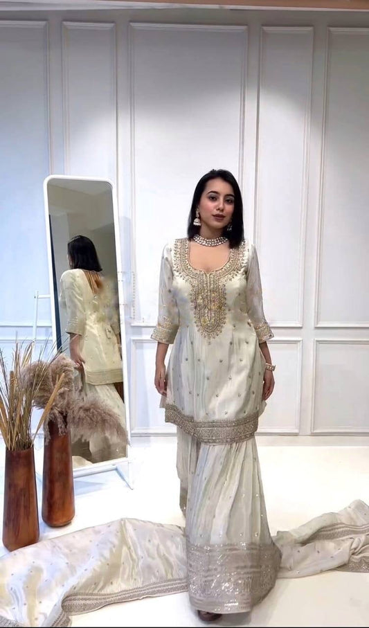 Chinnon Silk Heavy Sequence White Designer Readymade Suit Ready Made Designer Suits Shopin Di Apparels 